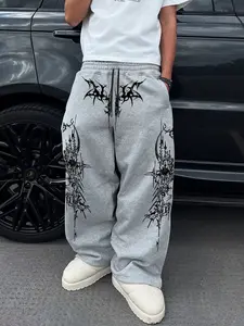 Men's Fashion High Street Trendy Straight Leg Loose Sweatpants, Comfortable Breathable Fabric, Side High-End Print, Casual Daily Wear, Casual Comfy Sweatpants