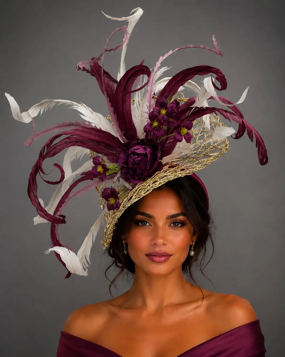 Elegance Gold Burgundy Fascinator on Headband - Kentucky Derby Hat - Church Hat