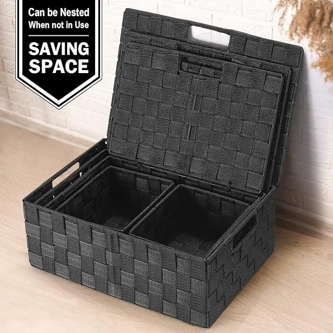 Storage Bins Baskets for Organizing with Lids, Storage Baskets for Shelves Stackable Woven Basket, Gift Small Basket Storage Cubes, Decorative Wicker Basket with Built-in Handles (5 Pack, Black) Storage Bins Baskets for Organizing with Lids, Storage Baskets for Shelves Stackable Woven Basket, Gift Small Basket Storage Cubes, Decorative Wicker Basket with Built-in Handles (5 Pack, Black)