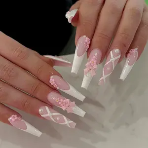 French Tip, Ribbon Lattice Design, Press On Nails 24 Piece Set, Wear in 3 Minutes