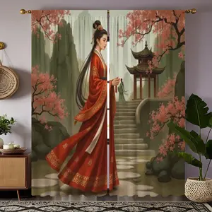 2pcs Traditional Chinese Art Curtains - Elegant Lady in Red Cheongsam with Blooming Peonies & Pagodas, 100% Polyester Velvet-Like Fabric, Semi-Translucent Rod Pocket Drapes for Living Room, Bedroom, Study, 180-220gsm Machine Washable, Interior Designers