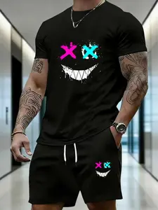 Men's Summer New Short Sleeve Set, Outfit Casual Loose Fit Top + Breathable Shorts Two-Piece Set, Cool Fashion Smiley Face Print