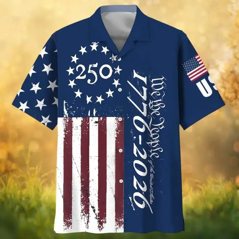 Men's Short-Sleeve V-Neck Button-Down Textured Woven Polyester Lightweight Hawaiian Shirt - 1776-2026 US Flag 250th Anniversary Freedom Patriotic Aloha Mix, Outdoors Holiday Top, Perfect Gift for Spouse, xwy07