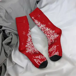 White Christmas tree pattern on a red background, mid-calf socks, Letter Print Socks, casual and sporty style - soft and comfortable