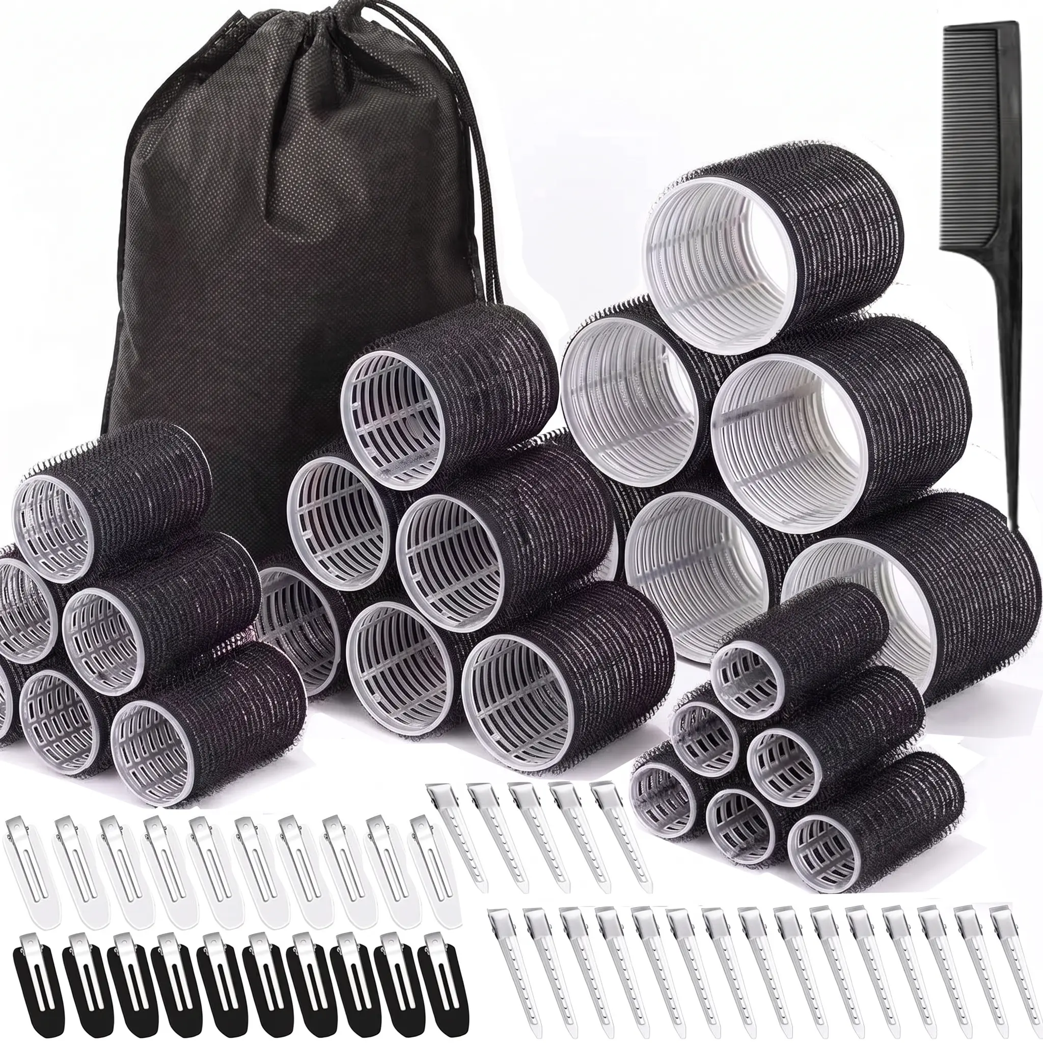 Self-Grip Hair Rollers Set (66pcs) - 24 Rollers in 4 Sizes, 40 Steel Clips, Comb & Storage Bag for Short, Medium & Long Hair
