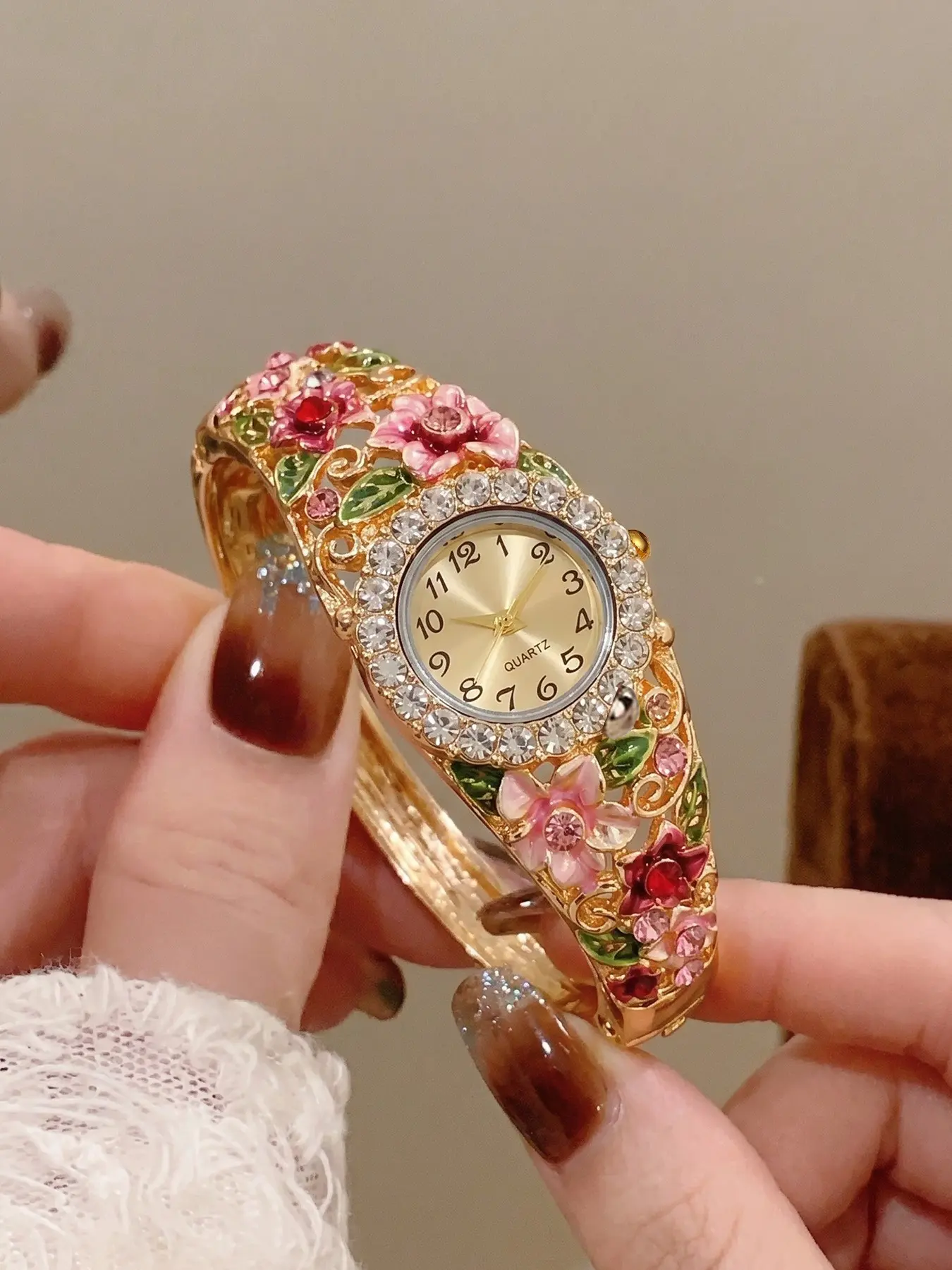Elegant Vintage Enamel Floral Diamond Bracelet Analogue Quartz Watch, Multiple Colors Available, Luxury Unique Women's Wristwatch