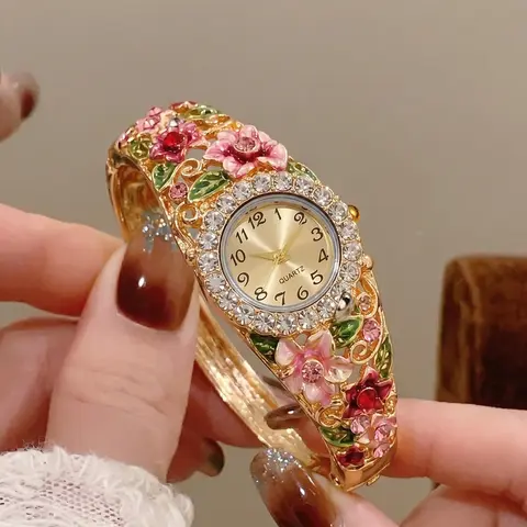 Elegant Vintage Enamel Floral Diamond Bracelet Analogue, Multiple Colors Available, Luxury Unique Women's Wristwatch, Fashionable Watches