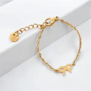 Littlelundsco Gold Bow Chain Bracelet with Charm - Hand-Engraved Logo, Durable Gold-Filled Chain, Lightweight, Handmade, Perfect for Babies, Kids, and Adults