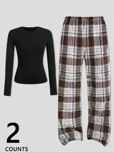Women's Long Sleeve Top & Plaid Pants Set, Casual Fall Winter Sleepwear Loungewear, Fitted Plain Design, Multiple Styles & Colors Available, Womenswear