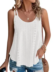 ATHMILE Women's Tank Tops Eyelet Embroidery Sleeveless Spaghetti Strap Tops Scoop Neck Sexy Loose Fit Casual Summer Womenswear Basic Boho Cami Comfortable Cute Flowy Knitted Medium Polyester