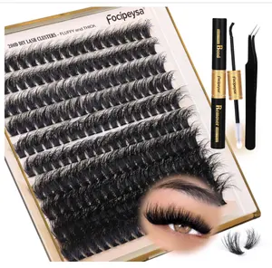 Focipeysa Lash Extension Kit Thick Eyelash Extension Kit 10-18mm Fluffy Lash Clusters 200D Individual Eyelashes Kit with Lash Bond, Lash Remover, Lash Applicator, DIY Lashes Extension