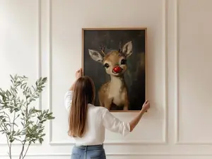 (No Frame) Rudolph Painting Reindeer Cute Print, Whimsical Deer Christmas, Red Nose Christmas Wall Art, Moody Vintage Rudolph Poster, Rustic Artwork