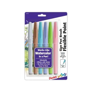 Pentel Arts Sign Pen Brush Tip, Assorted Pastel Colors, 6-Pk