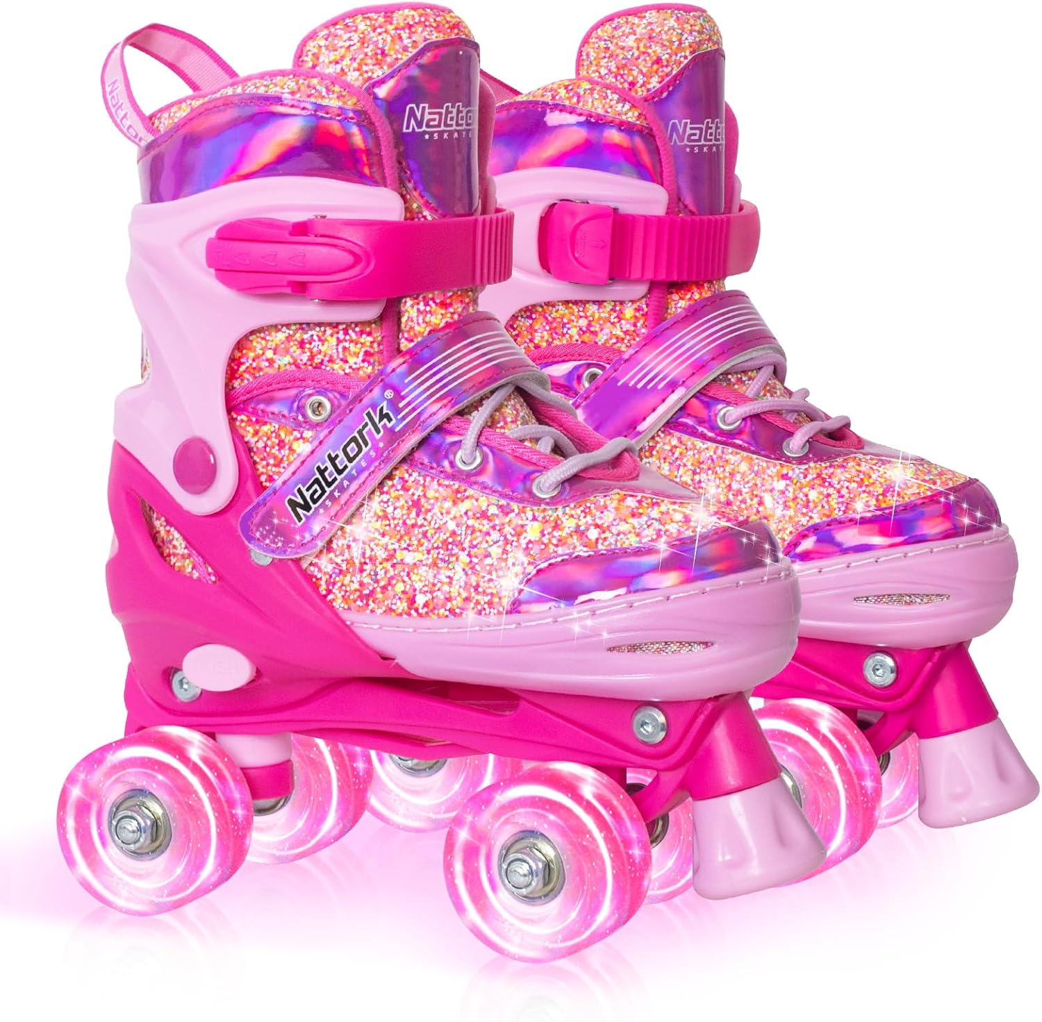 Nattork Kids' Adjustable Roller Skates for Girls (Ages 3-12, 4 Sizes), Light-Up Flashing Wheels, Triple Safety Protection with Secure Closure, Beginner Casual Skating Gear, Indoor/Outdoor Birthday Holiday Gift
