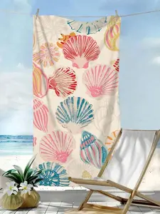 1pc Ultra-Fine Fiber Beach Towel With Ocean Elements Print, Including Shells, Conches, Corals, Starfish, Quick-Drying, Absorbent, Soft, Beach Mat, Outdoor Sports, Travel, Swimming Pool, Yoga, Fitness Towel, Vacation Essential Gift, Single-Sided Print, Be