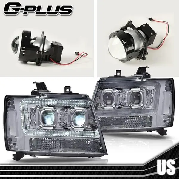 G-PLUS LED Kit Headlight Assemblies for 2007-2014 Avalanche Tahoe Suburban, Smoke/Chrome Finish, LED Front Lights for Car Exterior Upgrade