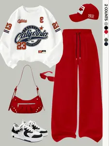 Women's Casual Loose Fit Hoodie Set Outfit, Letter Print Long Sleeve Sweatshirt and Pants, Fall Winter Two-Piece, Comfortable and Stylish