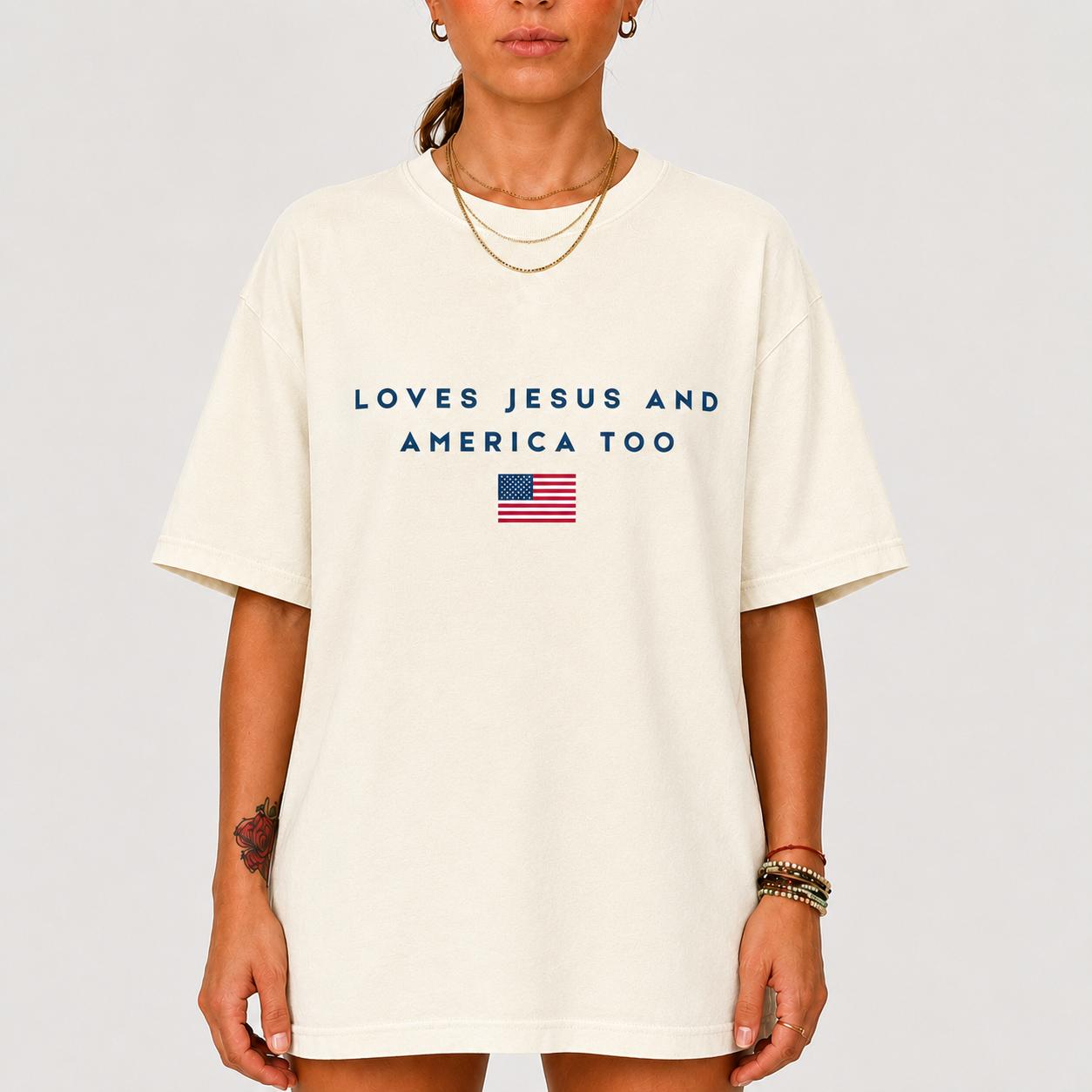 Comfort Colors Loves Jesus And America Too Shirt, Christian Patriotic Tee, Faith And Freedom T-Shirt, Minimalist USA Flag Shirt, Fourth Of July Gift