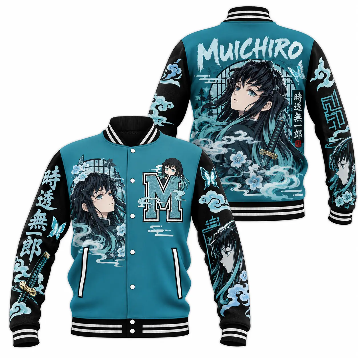 Muichiro Baseball Jacket LN, Mist Hashira Anime Graphic Polyester Outerwear, Demon Slayer Inspired Casual Streetwear
