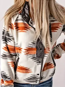 Women's Printed Single Button Coat, Autumn Warm Colorblock Western Pattern Loose Jacket, Long Sleeves, Casual Fashion Outerwear for Fall