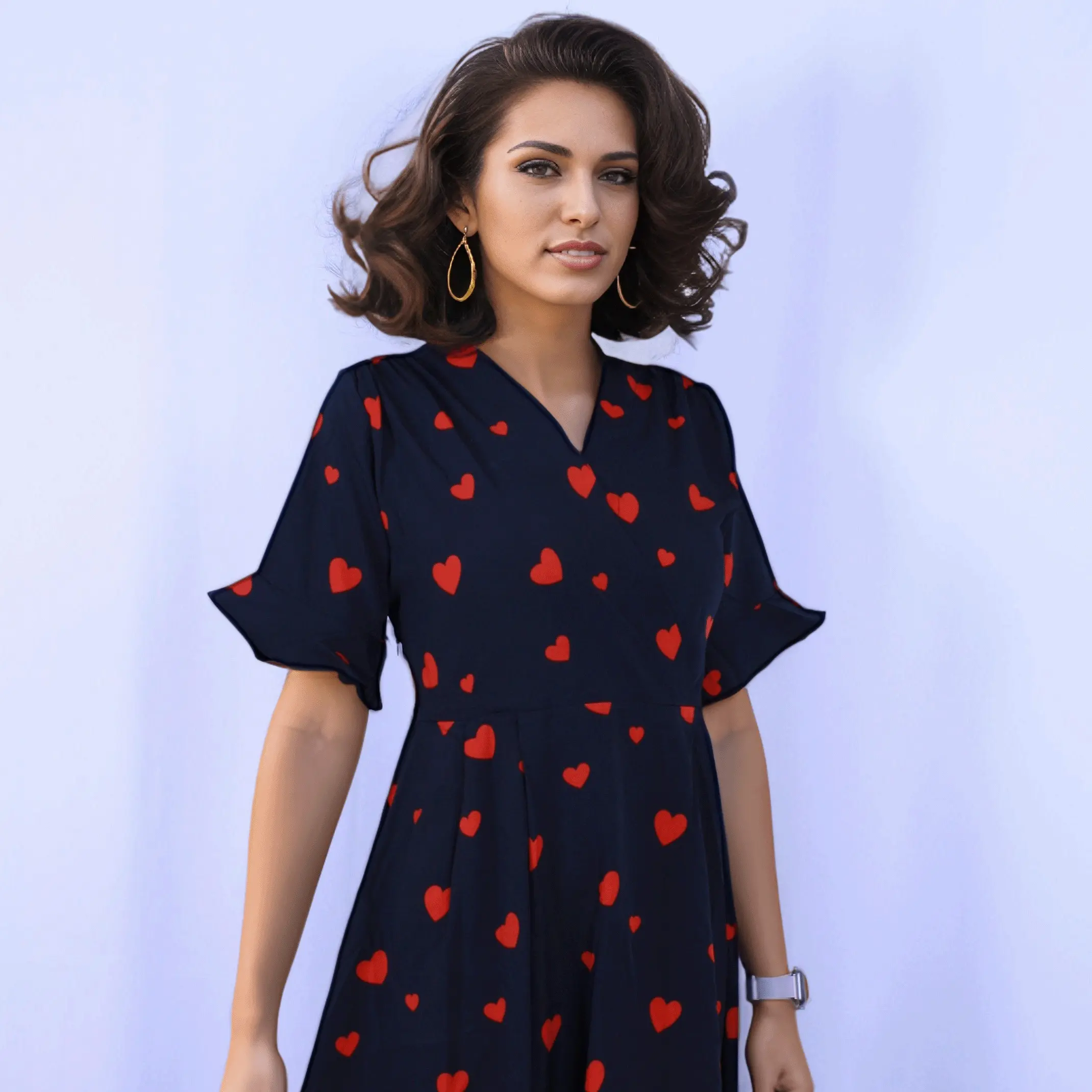 blue dress with red hearts Tiska New York Summer Navy Heart | Flare dress | Casual Dress Comfort Cotton Naked Wardrobe One-Shoulder Long weekend adventures color_pink Size:1X PLUS (18/20)