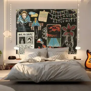 Aesthetic Stranger Things Pixel Art Tapestry, Iconic Character & Scene Element Fashion Wall Decorative Backdrop, Easy-to-Hang Wall Decor to Elevate Bedroom/Gaming Room Vibe, Durable Polyester Fabric