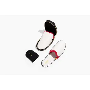 Women's White Crocodile Embossed Leather Foldable Slipper with Eco-Fur