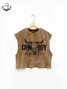 Spring Summer New Round Neck Plus Size Cotton Breathable Western Funny Letter, Bull Animal Print Sleeveless Vest T-Shirt, Unisex Casual Top