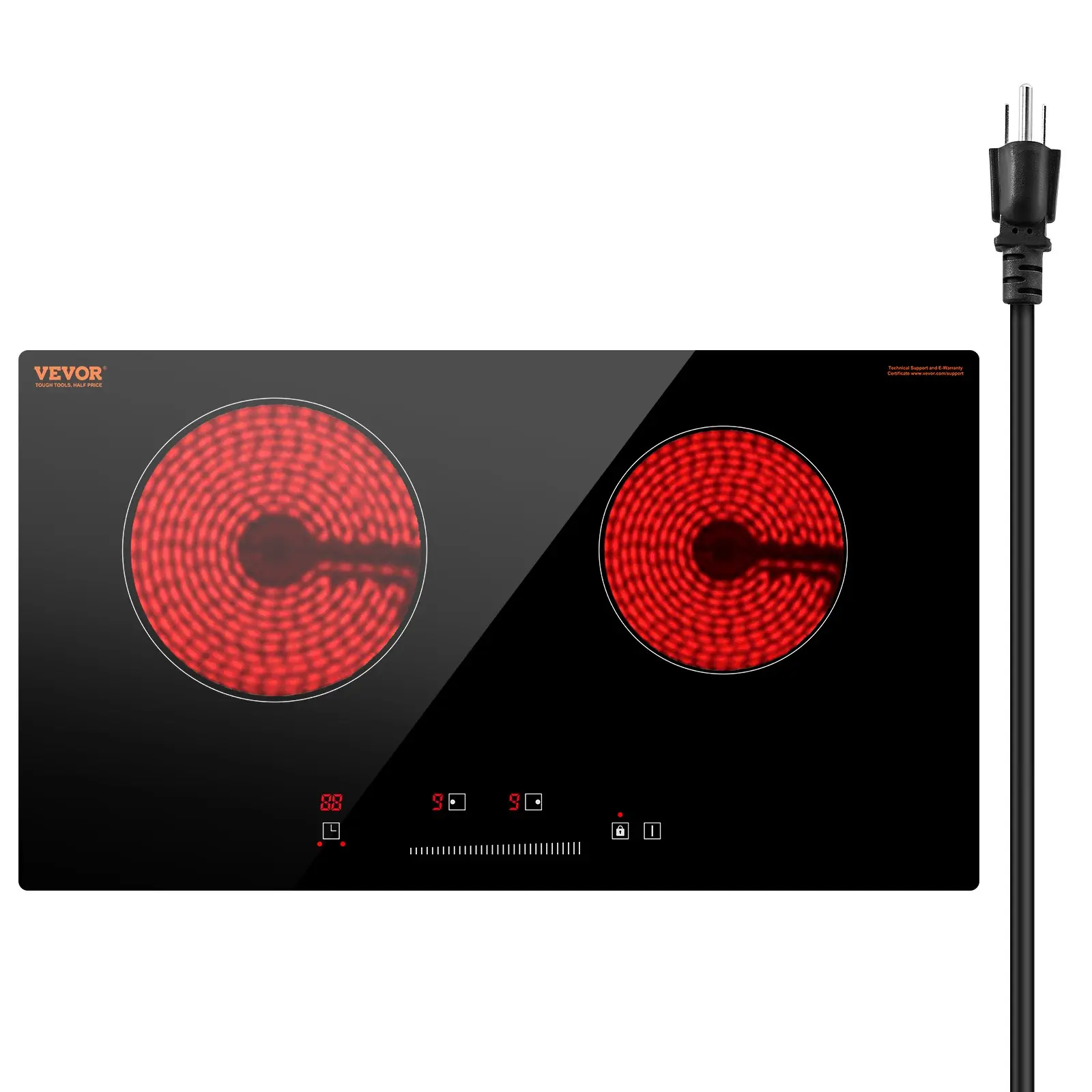 VEVOR 24-in Built-in Electric Cooktop, 2-Burner 1800W Ceramic Glass Radiant Stove Top with Touch Controls, Timer, Child Lock, 9 Heat Levels, Residual Heat Indicator, Suitable for Elderly, Pregnant Women & Cast Iron Skillets, 120V, Glass Panel