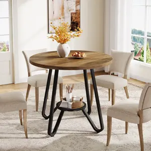 LITTLE TREE 31.5" Round Dining Table with Double Shelves, Small Kitchen Table for 2, Dinner Table with Metal Base Industrial Style, Dining Room, Office Desk, Apartment, Small Space, Coffee Dining Table