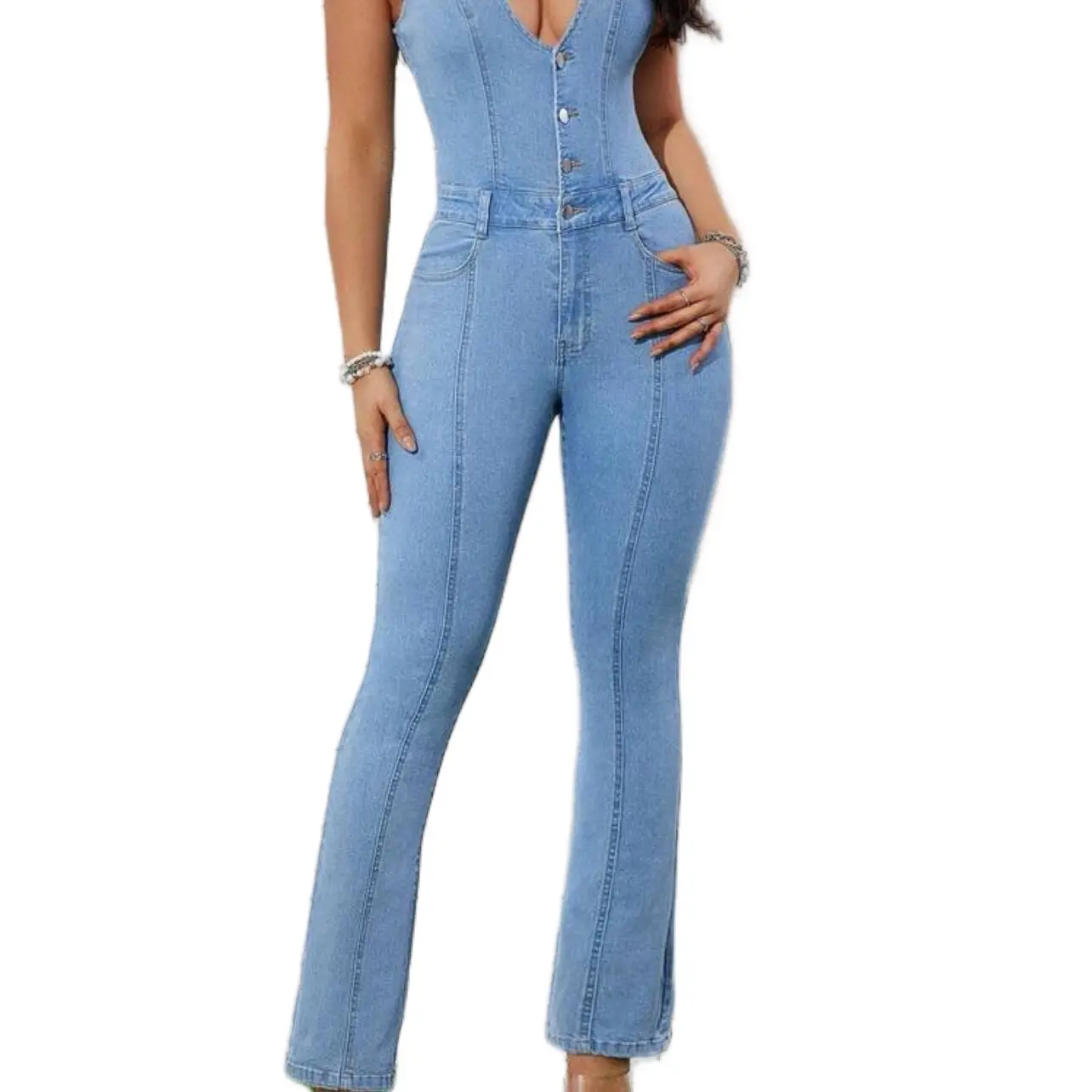 ICON Deep V-Neck Flared Denim Jumpsuit