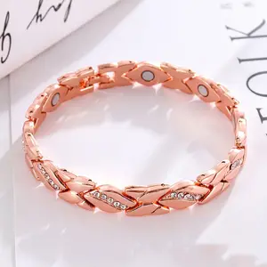 T Women's leaf bracelet, pure copper magnetic bracelet with diamonds, 3500 gauss effective magnet, outdoor fun