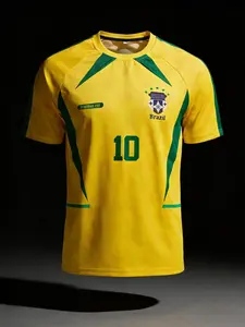 Unisex Brazil #10 Soccer Jersey, Yellow-Green Color Block Quick-Dry Breathable Tee, Retro Football Style, Fan & Daily Sport Versatile Top with #10 & Badge Detail