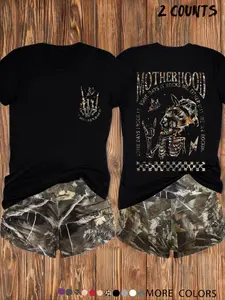 Summer Cool Punk Style Set! Camouflage Skull Motherhood Print Retro Rock Feel, Breathable Cotton Fabric, Casual Round Neck Short Sleeve Top