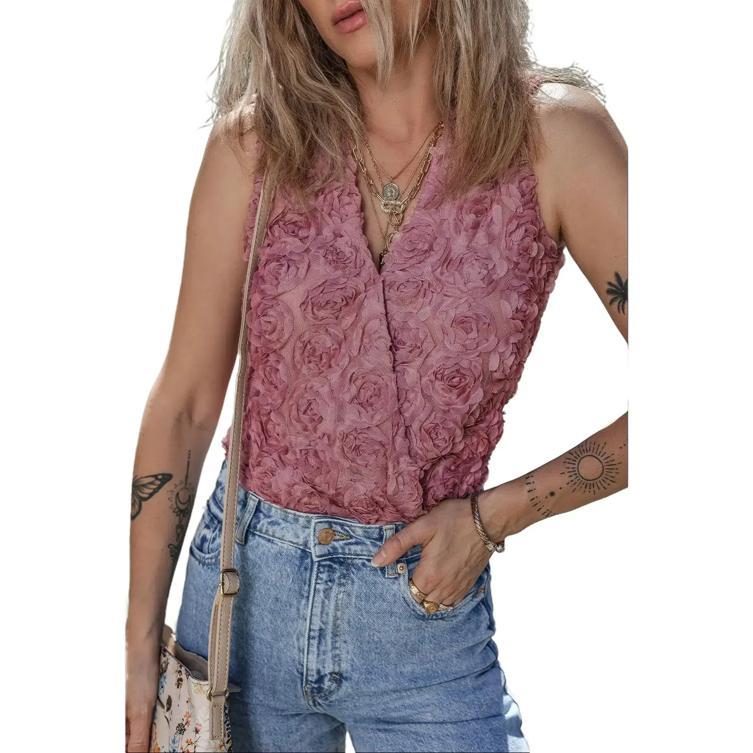 Heather Floral Textured V Neck Wrapped Sleeveless Bodysuit