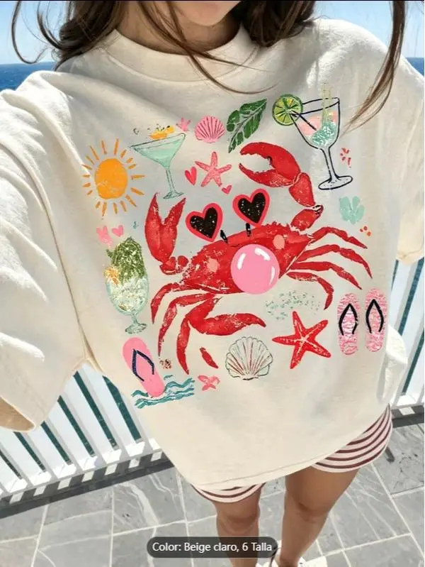 [Summer Vacation Beach T-Shirt] Crab Blowing Bubble Coastal Shirt Graphic T-Shirt Summer Clothing for Women Vacation Outfits Beach Outfits for Women, Women's Casual Round Neck Short Sleeve T-Shirt