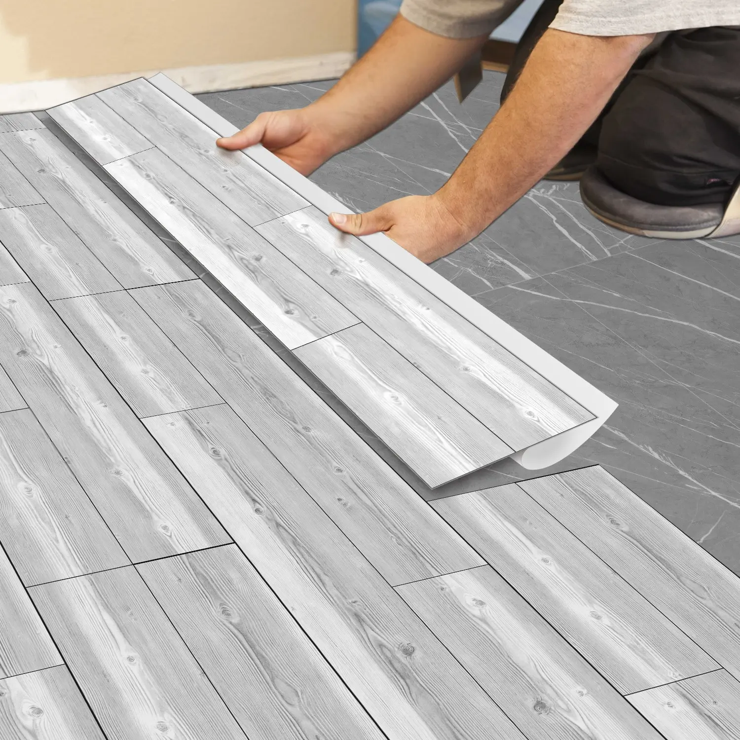 American Light Gray-White Distressed Wood Grain Wood Tile Floor Stickers | Thickened Frosted PVC Durable PVC | Peel & Stick Waterproof Easy-Clean for Bedroom Kitchen Bathroom School Office