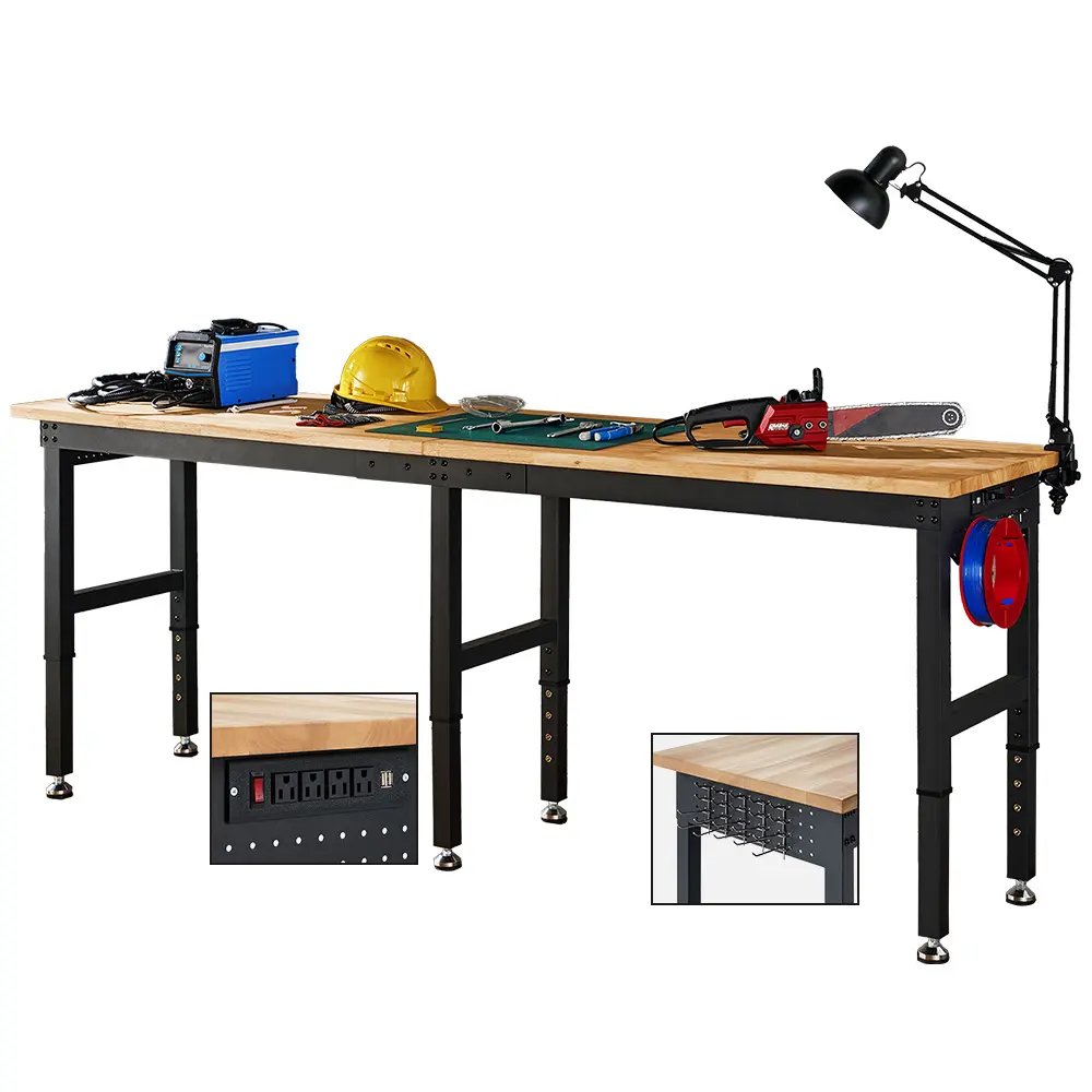 Amerlife Heavy-Duty Freestanding Adjustable Workbench with Rubberwood Tabletop, 28.7-38.6 in Height, 5000 LB Capacity, Power & USB Ports, Peg Hooks, Garage Tool Storage for Workshop Home Use