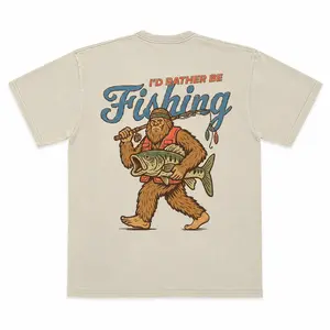 Retro Sasquatch T-Shirt, Funny Bigfoot Fishing Shirt for Men, I'd Rather Be Fishing Tee, Gift for Fisherman- Vintage Graphic Tee -  Unisex S-3XL - Menswear & Womenswear - Streetwear Tops - Casual Cotton Crewneck Shortsleeve Tshirt