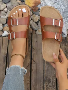 Women's Anti-Slip Sandals with Arch Support, Adjustable Buckle Design, Ultimate Comfort Summer Outdoor Shoes, Casual PU Leather, Plain Pattern, Pu Leather Slides