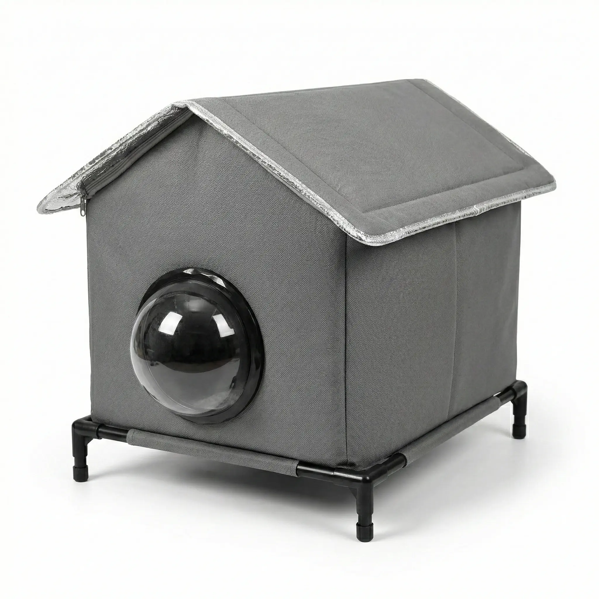 Enclosed outdoor winter cat house featuring waterproof and weather-resistant performance. This pet shelter is washable for effortless daily cleaning, offering dependable shelter protection. It boasts ample interior space with soft-sided construction