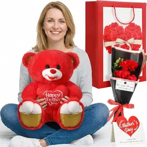 4 Pcs Mothers Day Bear Gifts for Mom 12 Inch Heart Bear Artificial Rose Greeting Card and Bag for Mom Birthday
