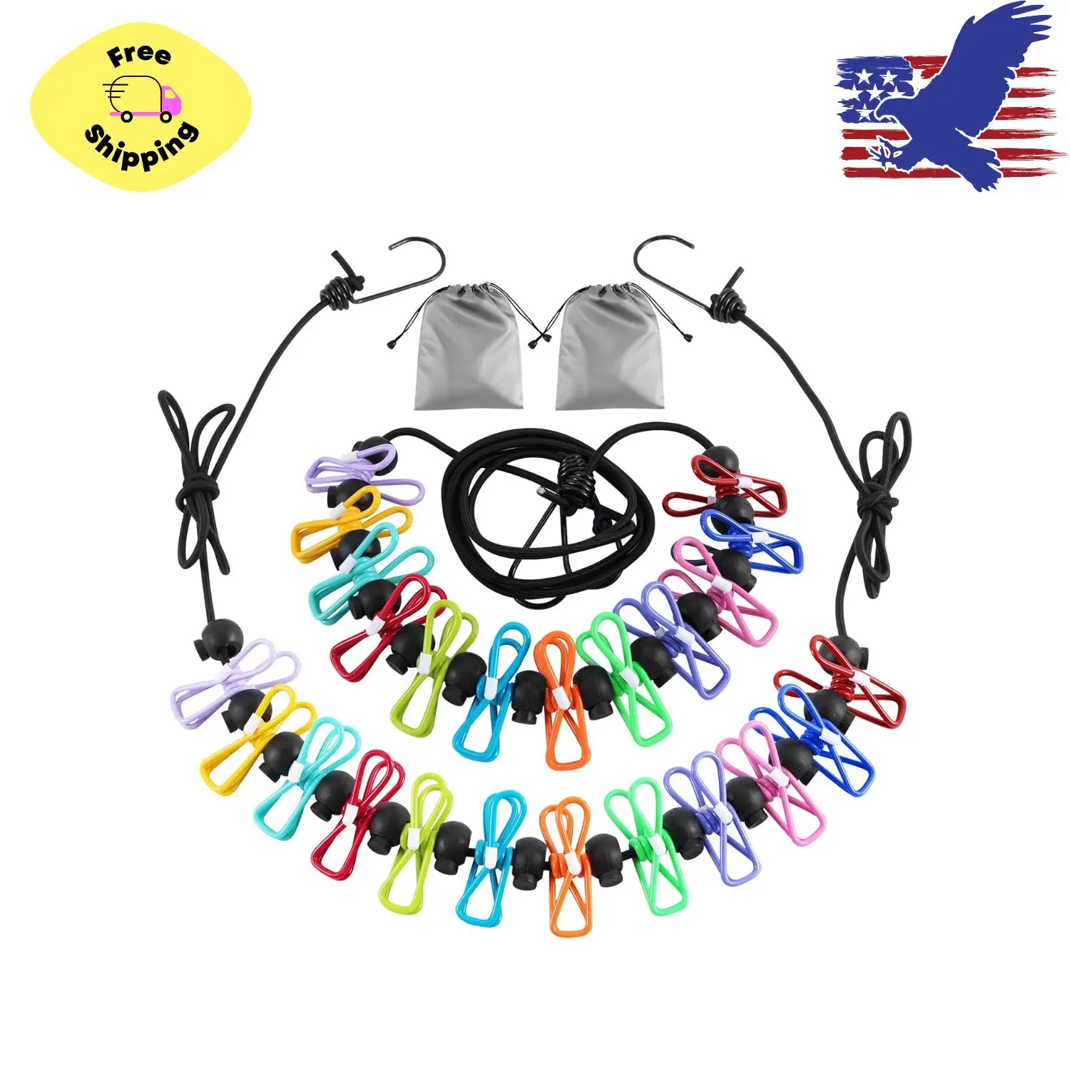 2 Pack Camping Clothesline Portable 12 Clothespins, Colorful