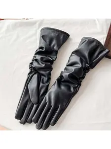 New Winter Gloves for Women - PU Elastic Pleated Long Single-color Fashion Outdoor Warmth Finger-separated Gloves PU Coated Gloves