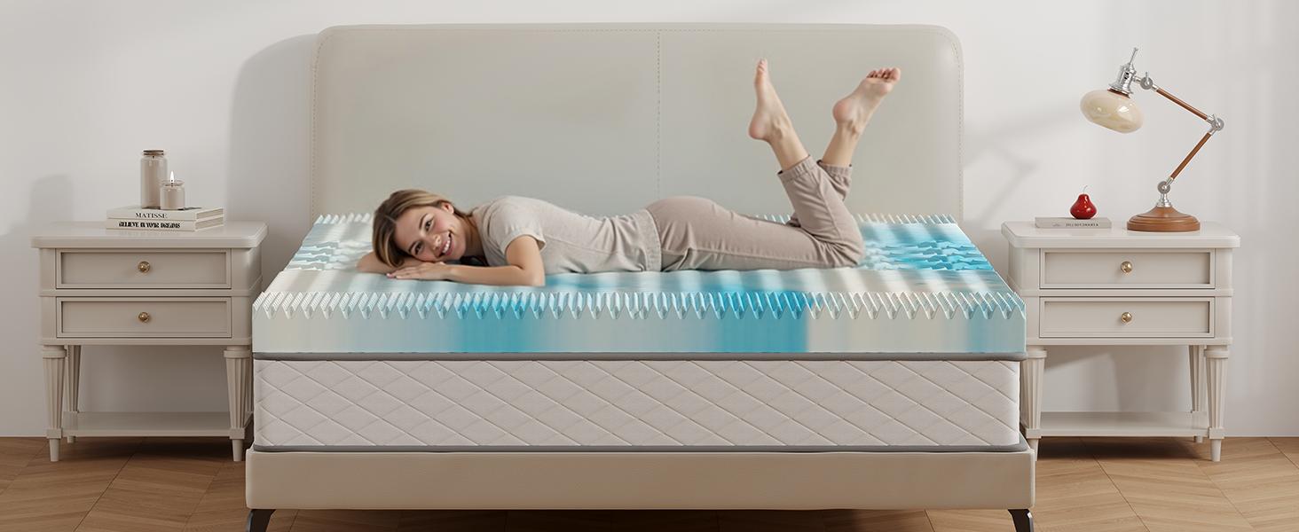 Memory Foam Mattress Topper, Cooling Gel Infused Pressure Relief Bed Topper for Back & Hip Pain, Soft Dorm RV Camping Mattress Pad, Blue