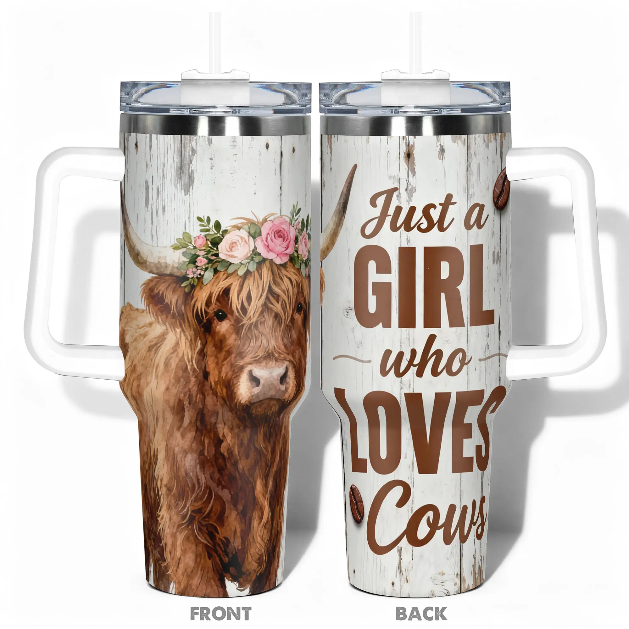 1pc Stainless Steel Cup 40oz/30oz/20oz Water Bottle, Insulated Travel Drinkware, Funny Design With Highland Cow with Floral Crown Double-layer insulation Leakproof Large Capacity for Gym, Hiking, Travel Ideal Birthday Chr Funny Dad Tumbler With Lid
