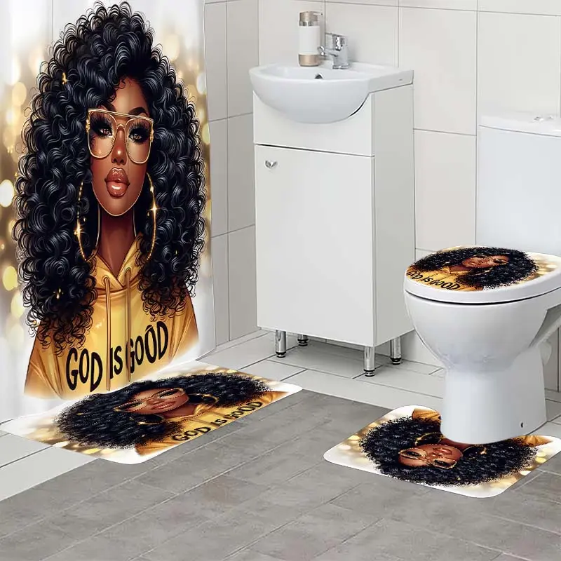 Black Girl Pattern Marble 4-Piece Polyester Bathroom Decor Set - Straight Waterproof High-Definition Digital Printing Privacy Shield Shower Curtain, Non-Slip Bath Mat, U-Shaped Toilet Mat, Toilet Seat Cover, Hand or Machine Washable Hooks, Water Proof