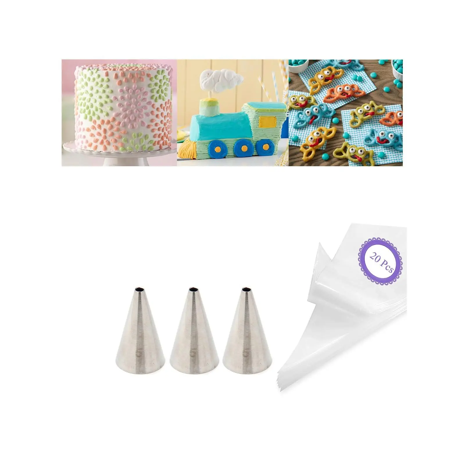 #5 Piping Tip And Bag Set - 3 Round Decorating Tips & 20 Disposable 8" Bags For Dots  Bead Borders Writing Designs