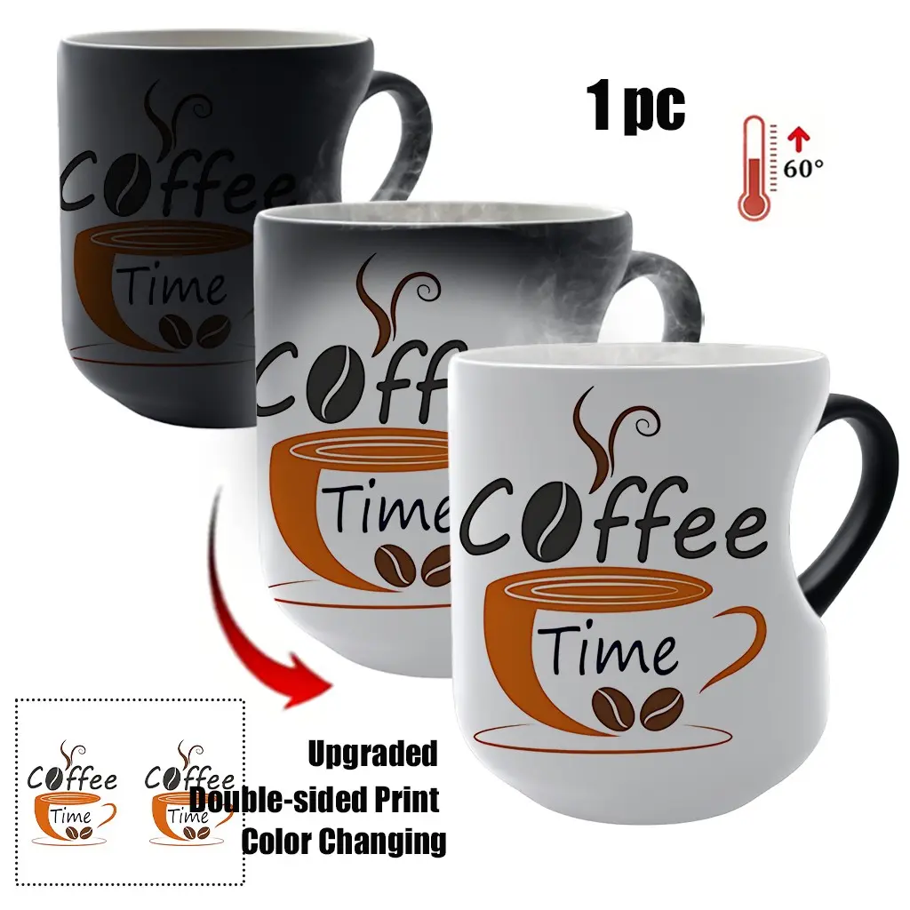 Thermosensitive Ceramic Mug with Heart-Shaped Handle, 11oz/330ML Color-Changing Coffee Cup, Coffee Time Logo Print, Perfect Gift