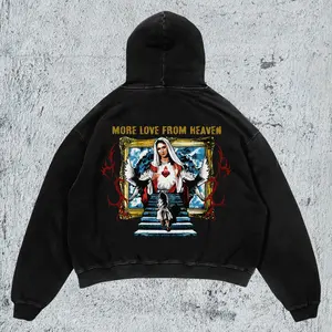 "Love From Heaven" Slogan Hoodie Unisex Oversized Fitted Long Sleeve Casual Rock Autumn Medium Length Heavyweight Fleece Pullover with Back Print Spiritual Graphic Gothic Art Style